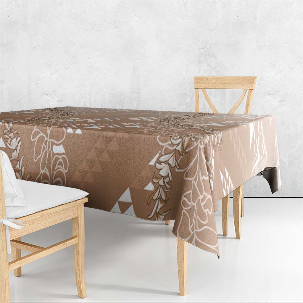 Hawaii Beige Kapa Tablecloth Vintage 'Ohe Kāpala Motifs Mix Plumeria Leis