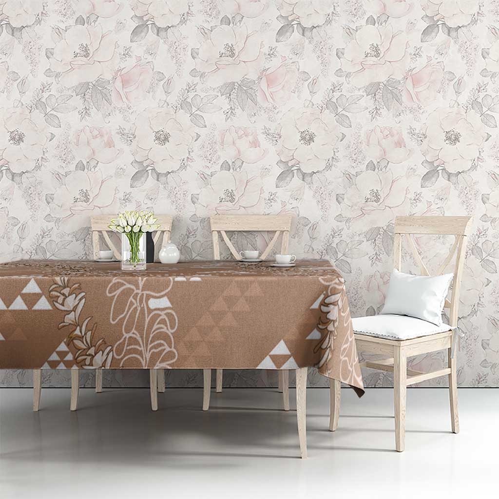 Hawaii Beige Kapa Tablecloth Vintage 'Ohe Kāpala Motifs Mix Plumeria Leis