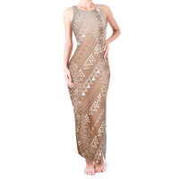 Hawaii Beige Kapa Tank Maxi Dress Vintage 'Ohe Kāpala Motifs Mix Plumeria Leis
