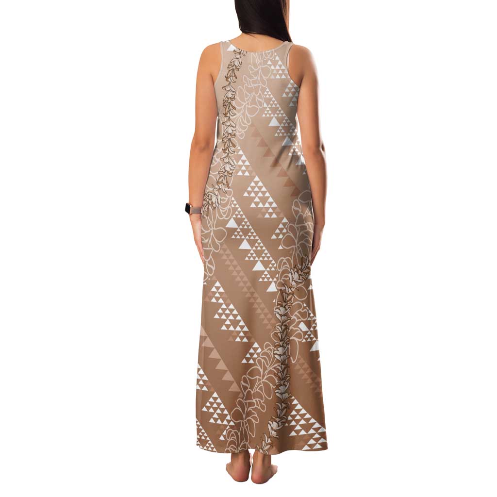 Hawaii Beige Kapa Tank Maxi Dress Vintage 'Ohe Kāpala Motifs Mix Plumeria Leis