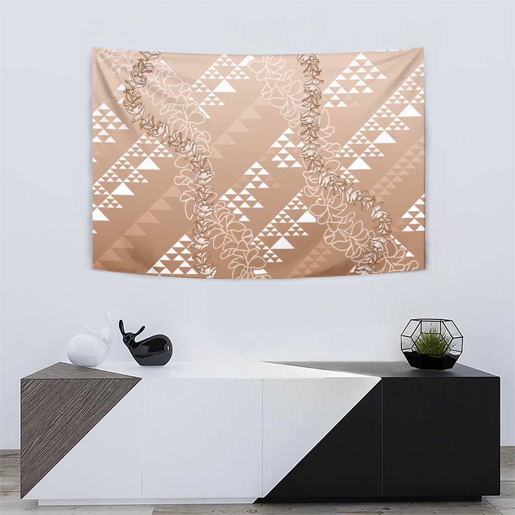 Hawaii Beige Kapa Tapestry Vintage 'Ohe Kāpala Motifs Mix Plumeria Leis