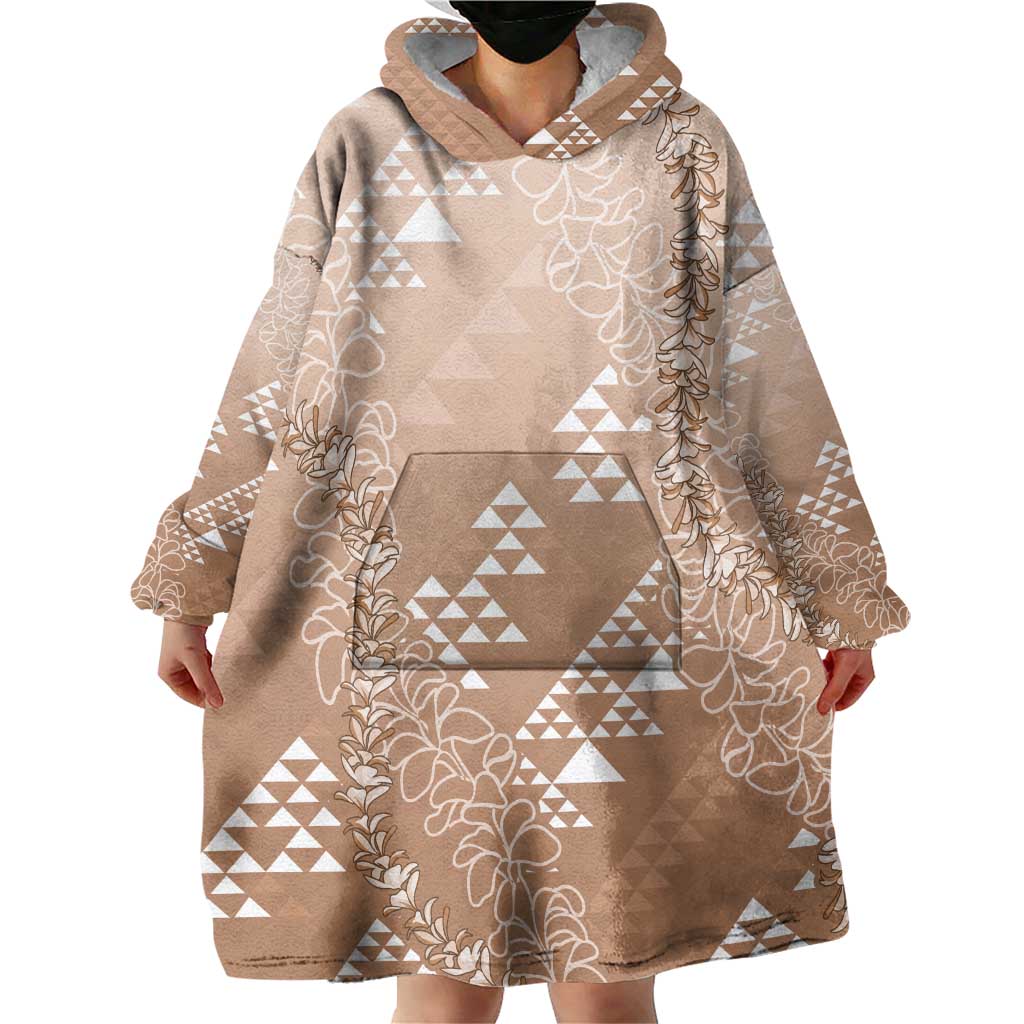 Hawaii Beige Kapa Wearable Blanket Hoodie Vintage 'Ohe Kāpala Motifs Mix Plumeria Leis LT7 - Polynesian Pride