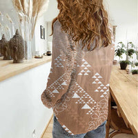 Hawaii Beige Kapa Women Casual Shirt Vintage 'Ohe Kāpala Motifs Mix Plumeria Leis LT7 - Polynesian Pride