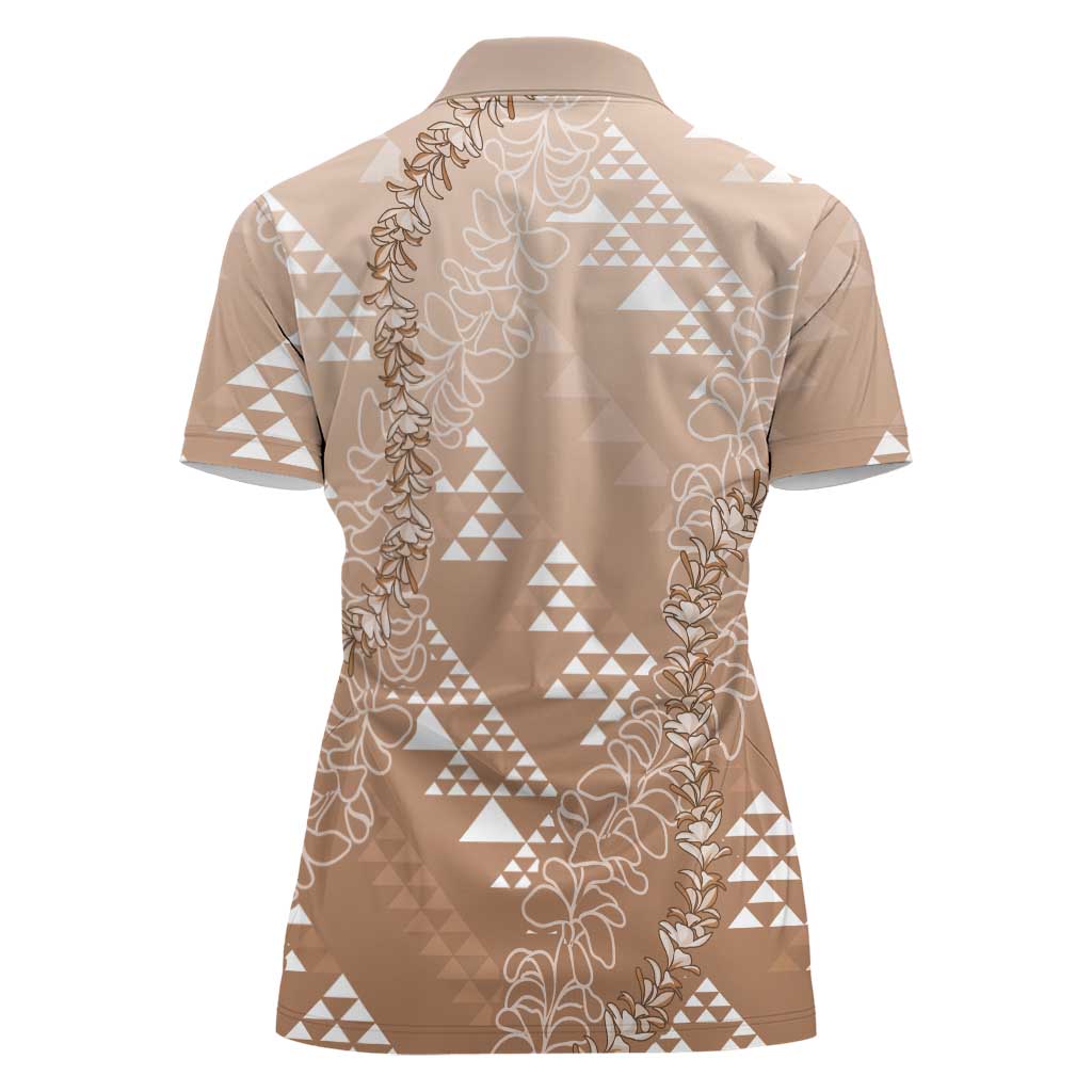 Hawaii Beige Kapa Women Polo Shirt Vintage 'Ohe Kāpala Motifs Mix Plumeria Leis LT7 - Polynesian Pride