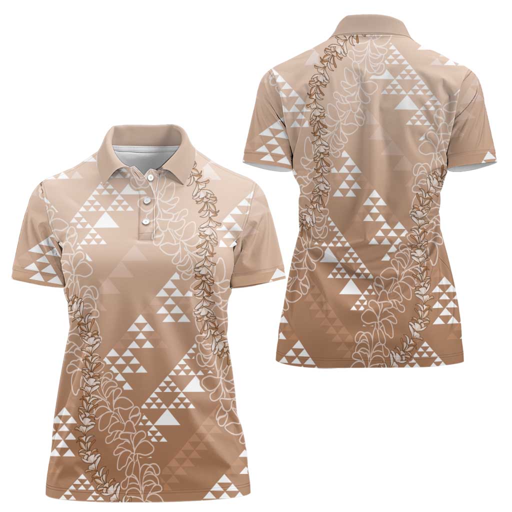 Hawaii Beige Kapa Women Polo Shirt Vintage 'Ohe Kāpala Motifs Mix Plumeria Leis LT7 - Polynesian Pride