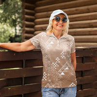 Hawaii Beige Kapa Women Polo Shirt Vintage 'Ohe Kāpala Motifs Mix Plumeria Leis LT7 - Polynesian Pride