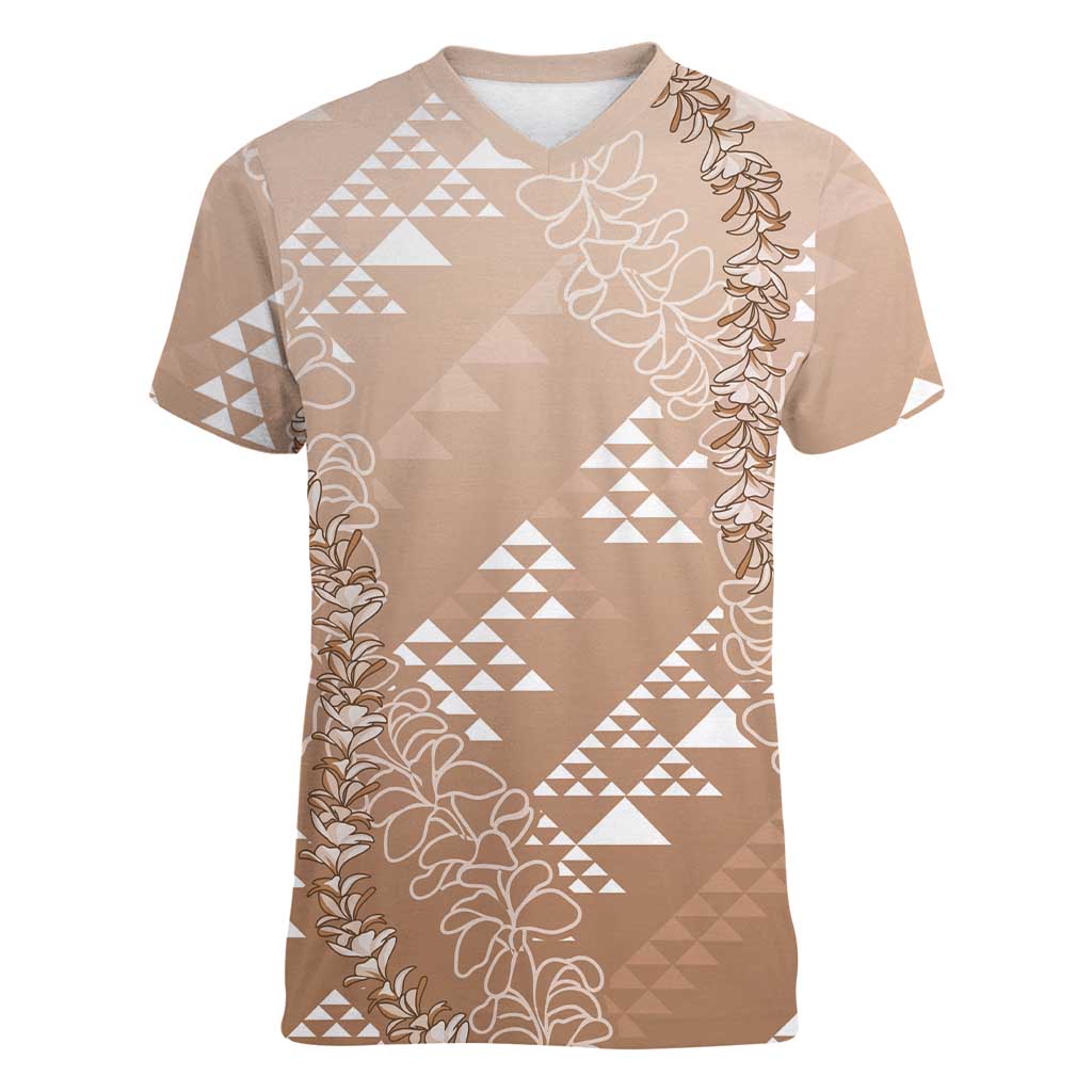 Hawaii Beige Kapa Women V-Neck T-Shirt Vintage 'Ohe Kāpala Motifs Mix Plumeria Leis