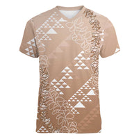 Hawaii Beige Kapa Women V-Neck T-Shirt Vintage 'Ohe Kāpala Motifs Mix Plumeria Leis LT7 Female Beige - Polynesian Pride