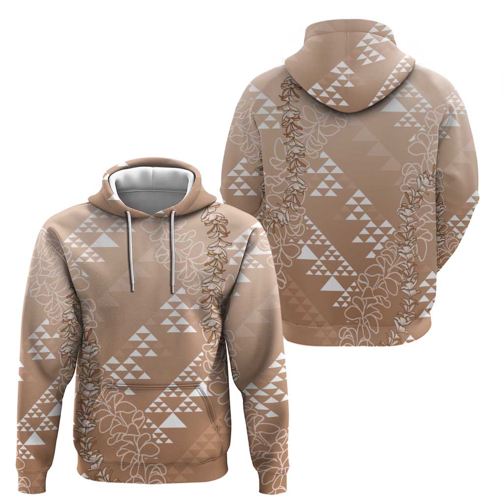 Hawaii Beige Kapa Zip Hoodie Vintage 'Ohe Kāpala Motifs Mix Plumeria Leis