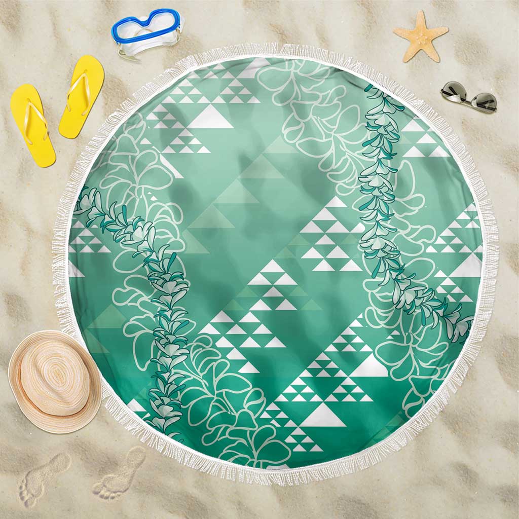 Hawaii Jade Green Kapa Beach Blanket Vintage 'Ohe Kāpala Motifs Mix Plumeria Leis