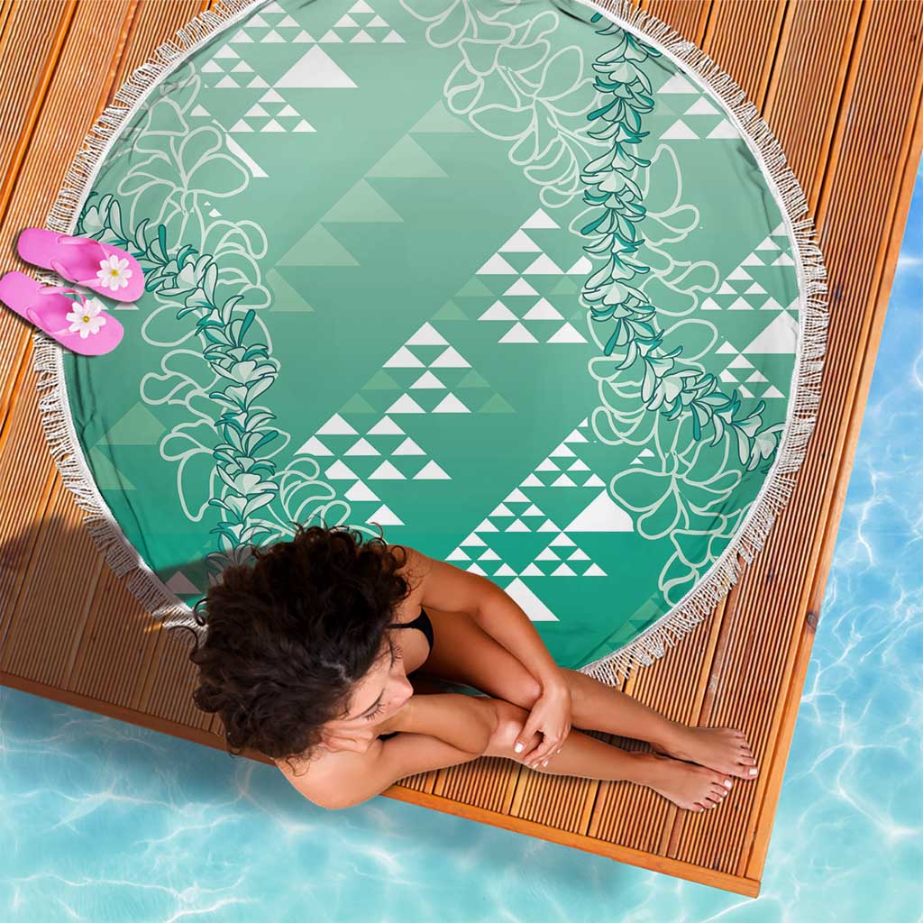 Hawaii Jade Green Kapa Beach Blanket Vintage 'Ohe Kāpala Motifs Mix Plumeria Leis
