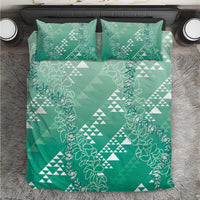 Hawaii Jade Green Kapa Bedding Set Vintage 'Ohe Kāpala Motifs Mix Plumeria Leis
