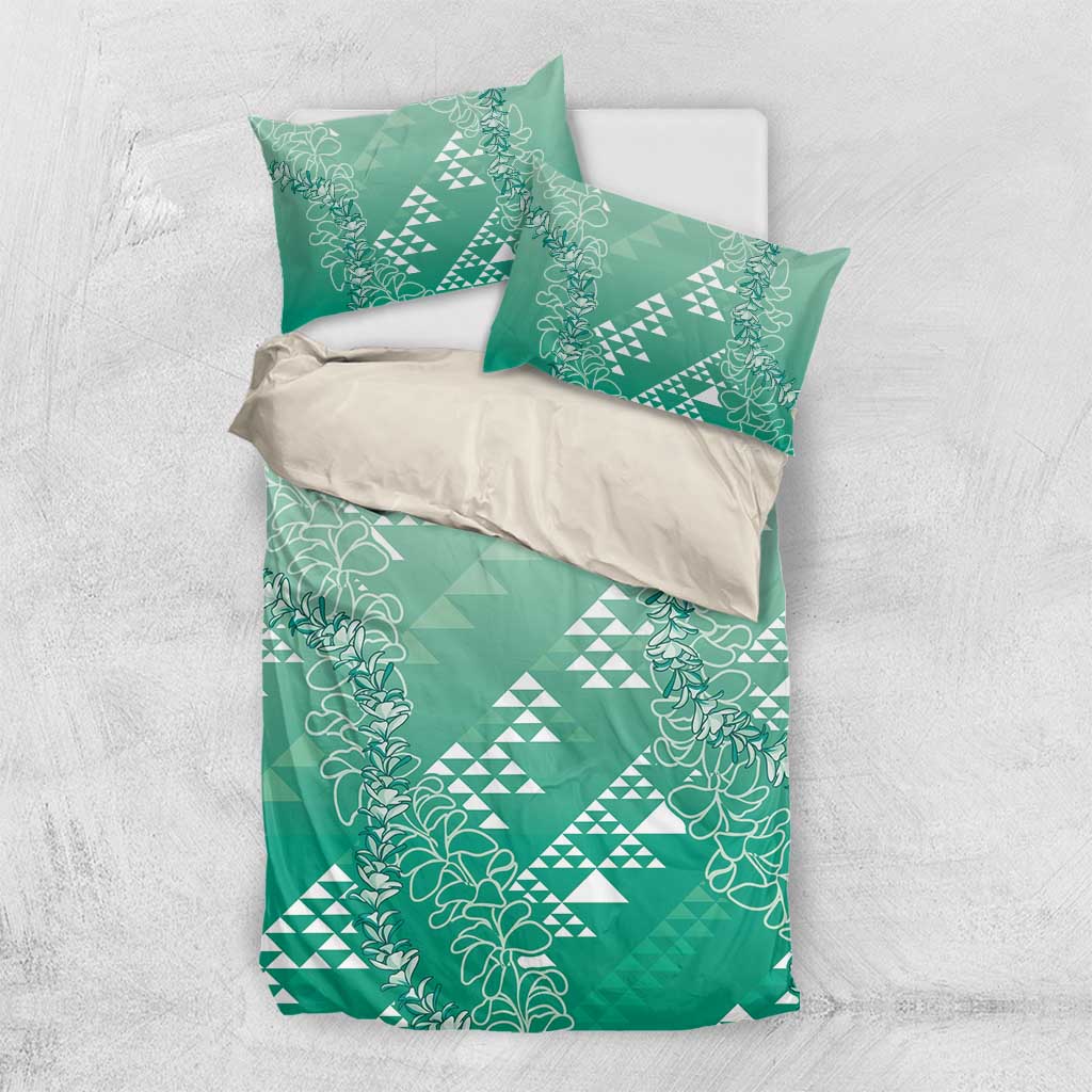Hawaii Jade Green Kapa Bedding Set Vintage 'Ohe Kāpala Motifs Mix Plumeria Leis