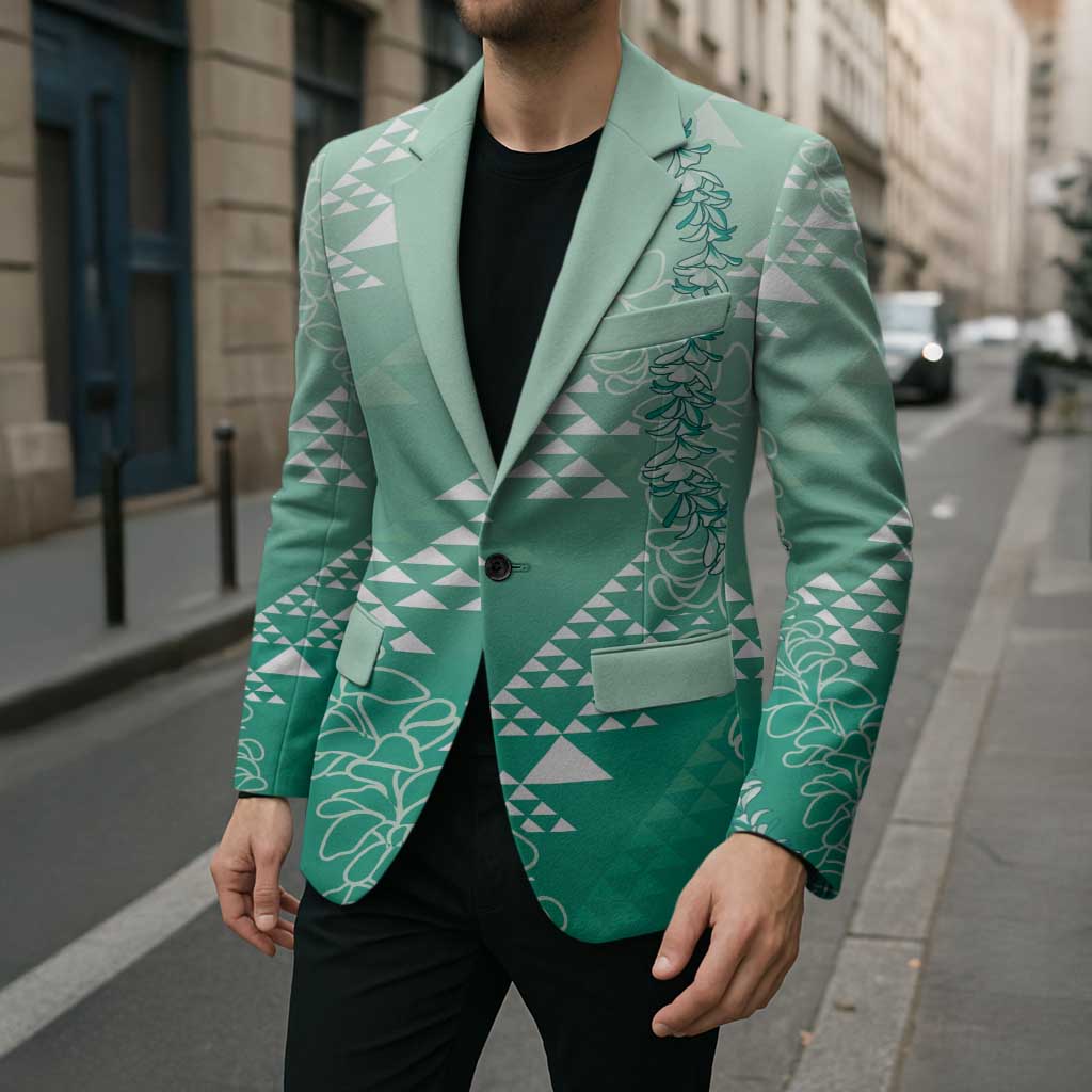 Hawaii Jade Green Kapa Blazer Vintage 'Ohe Kāpala Motifs Mix Plumeria Leis