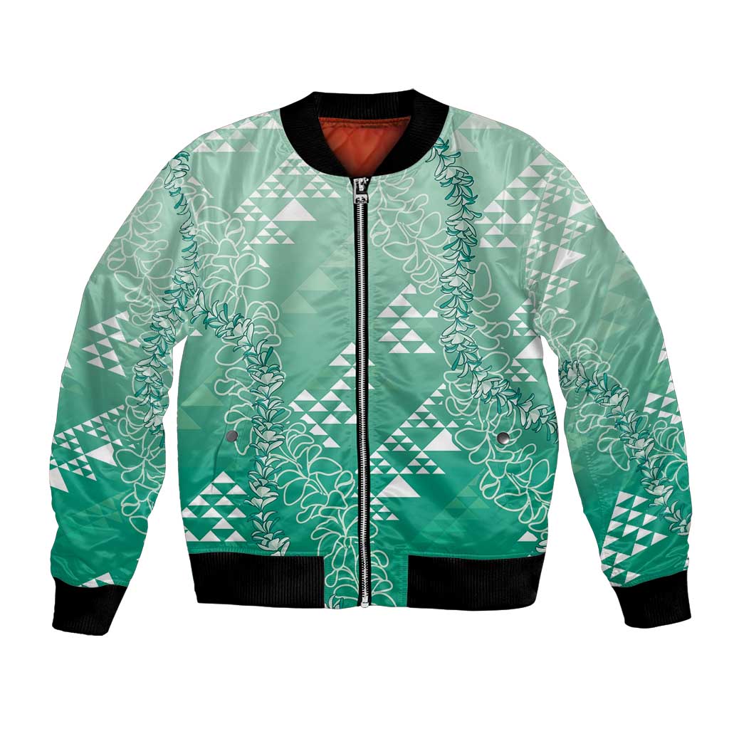 Hawaii Jade Green Kapa Bomber Jacket Vintage 'Ohe Kāpala Motifs Mix Plumeria Leis