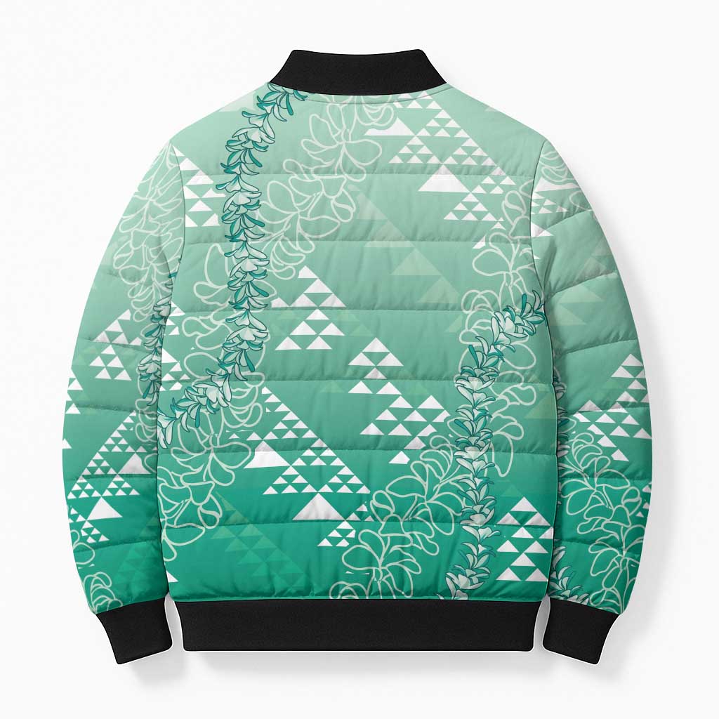 Hawaii Jade Green Kapa Bomber Puffer Jacket Vintage 'Ohe Kāpala Motifs Mix Plumeria Leis