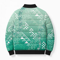 Hawaii Jade Green Kapa Bomber Puffer Jacket Vintage 'Ohe Kāpala Motifs Mix Plumeria Leis