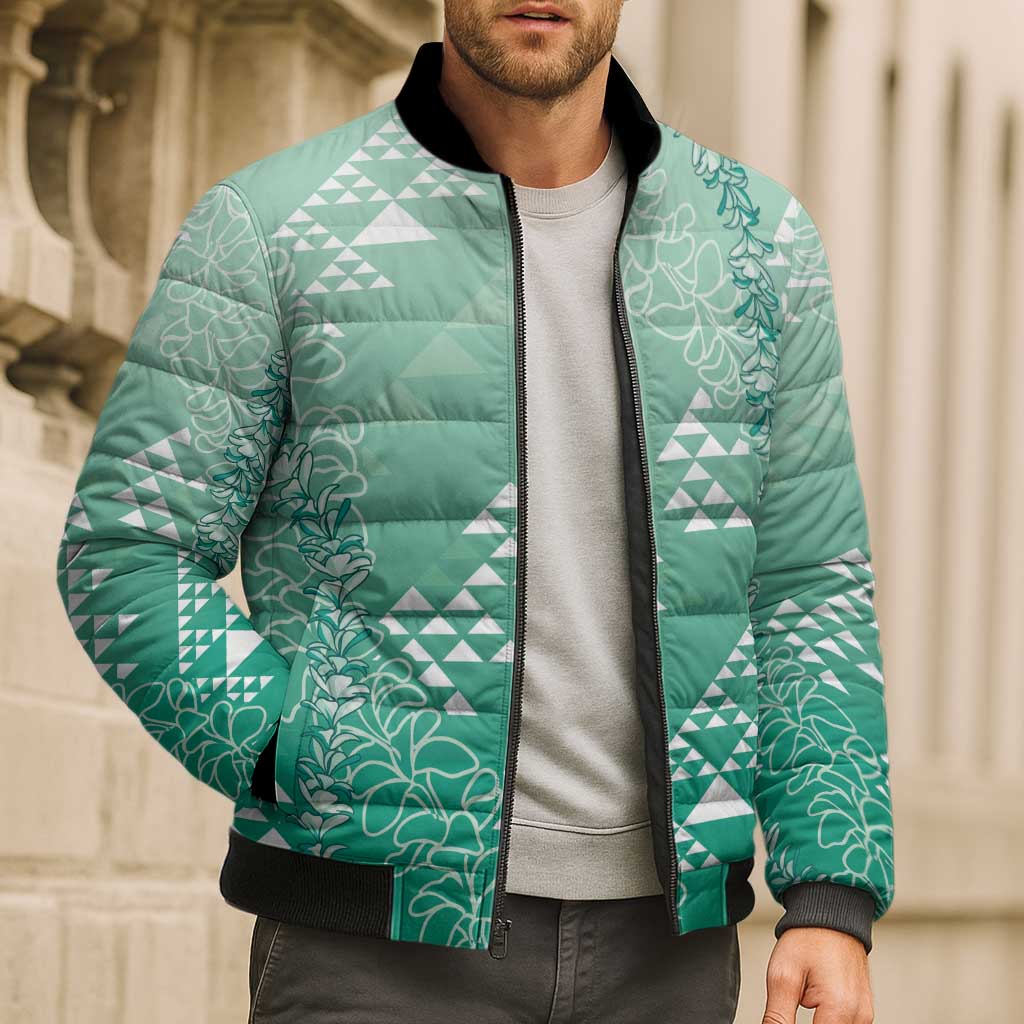 Hawaii Jade Green Kapa Bomber Puffer Jacket Vintage 'Ohe Kāpala Motifs Mix Plumeria Leis