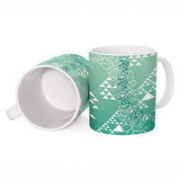 Hawaii Jade Green Kapa Ceramic Mug Vintage 'Ohe Kāpala Motifs Mix Plumeria Leis