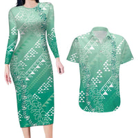 Hawaii Jade Green Kapa Couples Matching Long Sleeve Bodycon Dress and Hawaiian Shirt Vintage 'Ohe Kāpala Motifs Mix Plumeria Leis LT7 Jade Green - Polynesian Pride