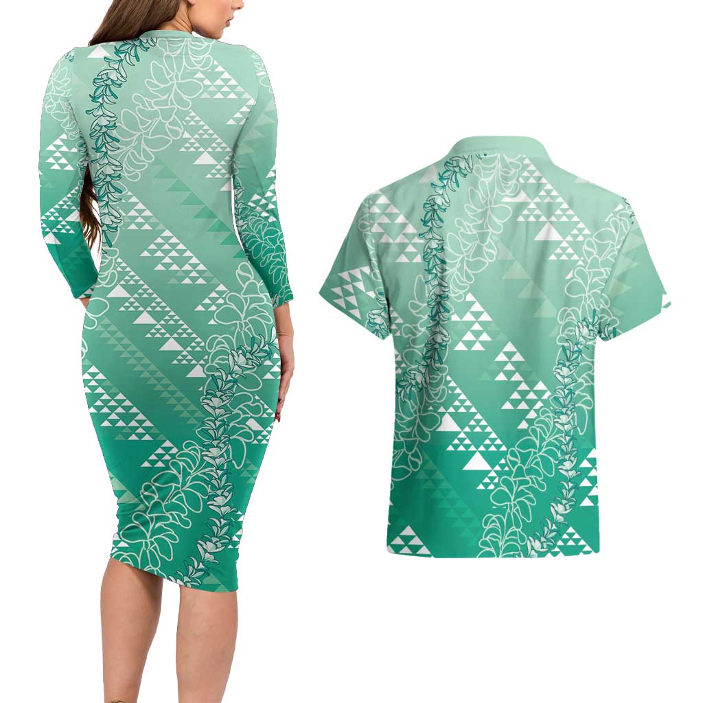 Hawaii Jade Green Kapa Couples Matching Long Sleeve Bodycon Dress and Hawaiian Shirt Vintage 'Ohe Kāpala Motifs Mix Plumeria Leis LT7 - Polynesian Pride