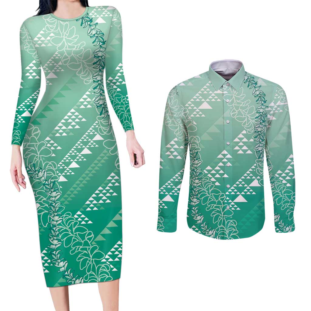 Hawaii Jade Green Kapa Couples Matching Long Sleeve Bodycon Dress and Long Sleeve Button Shirt Vintage 'Ohe Kāpala Motifs Mix Plumeria Leis LT7 Jade Green - Polynesian Pride