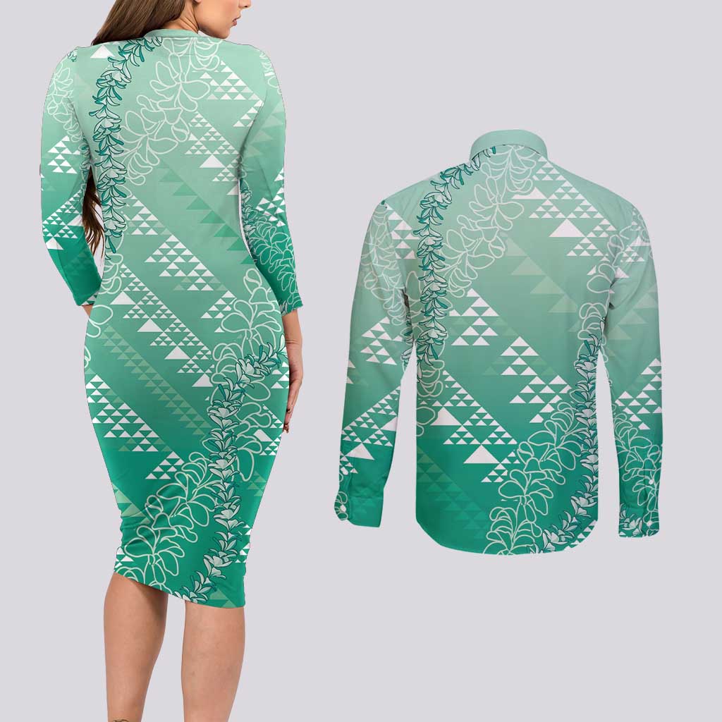 Hawaii Jade Green Kapa Couples Matching Long Sleeve Bodycon Dress and Long Sleeve Button Shirt Vintage 'Ohe Kāpala Motifs Mix Plumeria Leis LT7 - Polynesian Pride