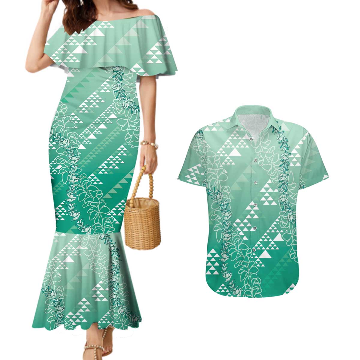 Hawaii Jade Green Kapa Couples Matching Mermaid Dress and Hawaiian Shirt Vintage 'Ohe Kāpala Motifs Mix Plumeria Leis LT7 Jade Green - Polynesian Pride