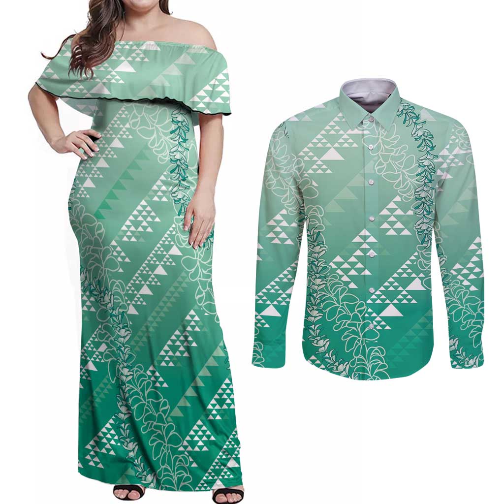 Hawaii Jade Green Kapa Couples Matching Off Shoulder Maxi Dress and Long Sleeve Button Shirt Vintage 'Ohe Kāpala Motifs Mix Plumeria Leis LT7 Jade Green - Polynesian Pride