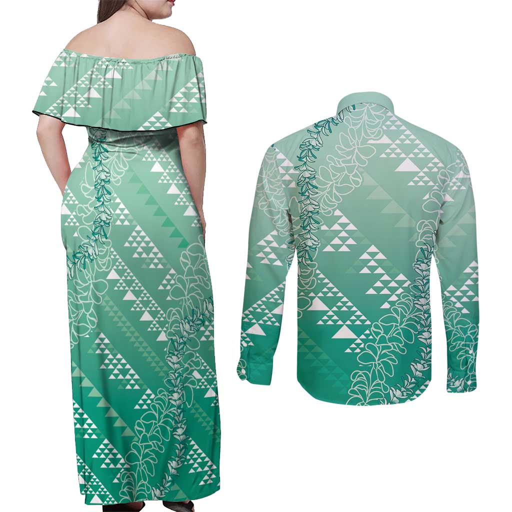 Hawaii Jade Green Kapa Couples Matching Off Shoulder Maxi Dress and Long Sleeve Button Shirt Vintage 'Ohe Kāpala Motifs Mix Plumeria Leis LT7 - Polynesian Pride