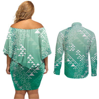 Hawaii Jade Green Kapa Couples Matching Off Shoulder Short Dress and Long Sleeve Button Shirt Vintage 'Ohe Kāpala Motifs Mix Plumeria Leis LT7 - Polynesian Pride