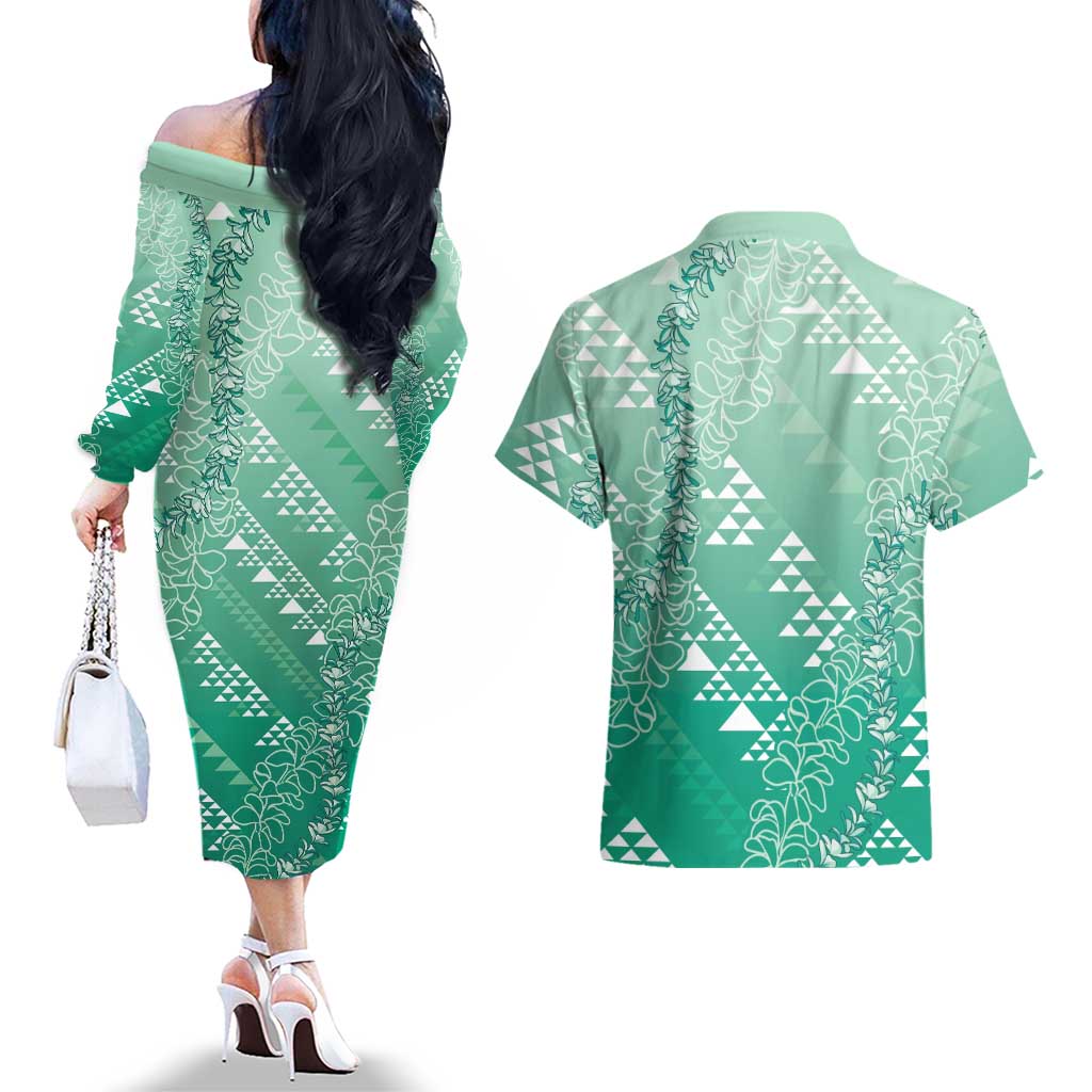 Hawaii Jade Green Kapa Couples Matching Off The Shoulder Long Sleeve Dress and Hawaiian Shirt Vintage 'Ohe Kāpala Motifs Mix Plumeria Leis LT7 - Polynesian Pride