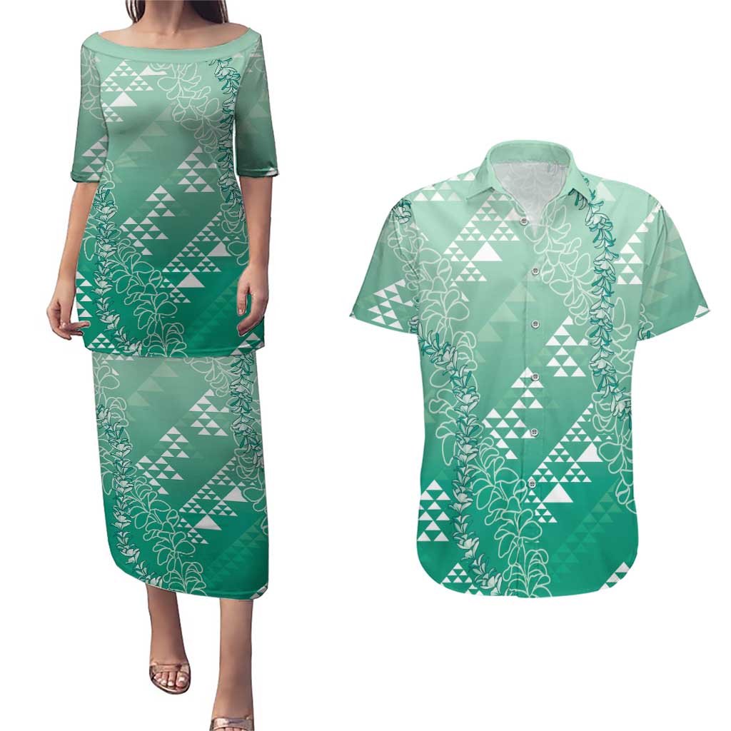 Hawaii Jade Green Kapa Couples Matching Puletasi and Hawaiian Shirt Vintage 'Ohe Kāpala Motifs Mix Plumeria Leis LT7 Jade Green - Polynesian Pride