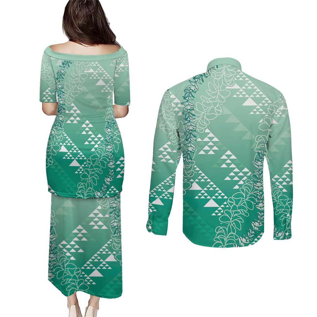 Hawaii Jade Green Kapa Couples Matching Puletasi and Long Sleeve Button Shirt Vintage 'Ohe Kāpala Motifs Mix Plumeria Leis LT7 - Polynesian Pride