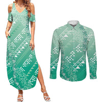 Hawaii Jade Green Kapa Couples Matching Summer Maxi Dress and Long Sleeve Button Shirt Vintage 'Ohe Kāpala Motifs Mix Plumeria Leis LT7 Jade Green - Polynesian Pride