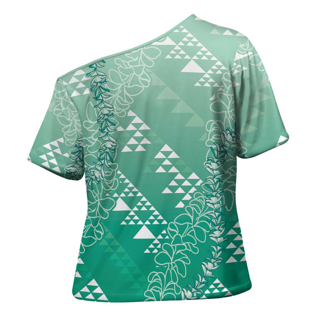 Hawaii Jade Green Kapa Cross Shoulder Shirt Vintage 'Ohe Kāpala Motifs Mix Plumeria Leis
