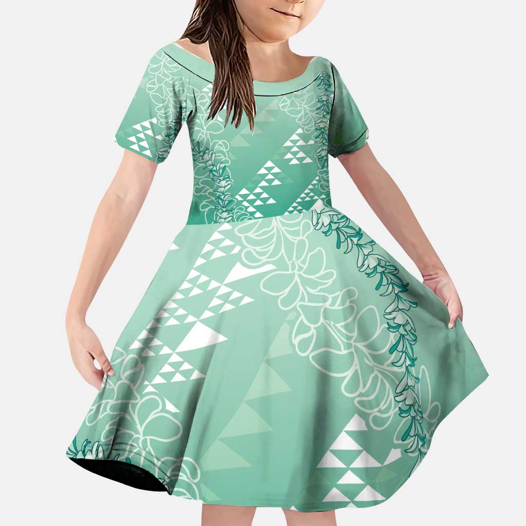 Hawaii Jade Green Kapa Family Matching Long Sleeve Bodycon Dress and Hawaiian Shirt Vintage 'Ohe Kāpala Motifs Mix Plumeria Leis LT7 Daughter's Dress Jade Green - Polynesian Pride