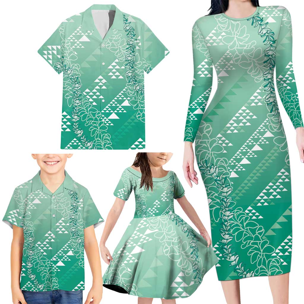 Hawaii Jade Green Kapa Family Matching Long Sleeve Bodycon Dress and Hawaiian Shirt Vintage 'Ohe Kāpala Motifs Mix Plumeria Leis LT7 - Polynesian Pride