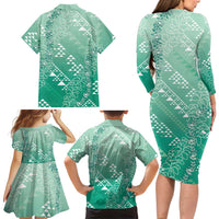 Hawaii Jade Green Kapa Family Matching Long Sleeve Bodycon Dress and Hawaiian Shirt Vintage 'Ohe Kāpala Motifs Mix Plumeria Leis LT7 - Polynesian Pride