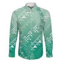 Hawaii Jade Green Kapa Family Matching Long Sleeve Bodycon Dress and Hawaiian Shirt Vintage 'Ohe Kāpala Motifs Mix Plumeria Leis LT7 Dad's Shirt - Long Sleeve Jade Green - Polynesian Pride