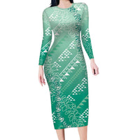 Hawaii Jade Green Kapa Family Matching Long Sleeve Bodycon Dress and Hawaiian Shirt Vintage 'Ohe Kāpala Motifs Mix Plumeria Leis LT7 Mom's Dress Jade Green - Polynesian Pride