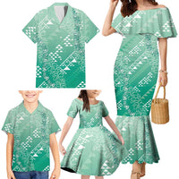 Hawaii Jade Green Kapa Family Matching Mermaid Dress and Hawaiian Shirt Vintage 'Ohe Kāpala Motifs Mix Plumeria Leis LT7 - Polynesian Pride