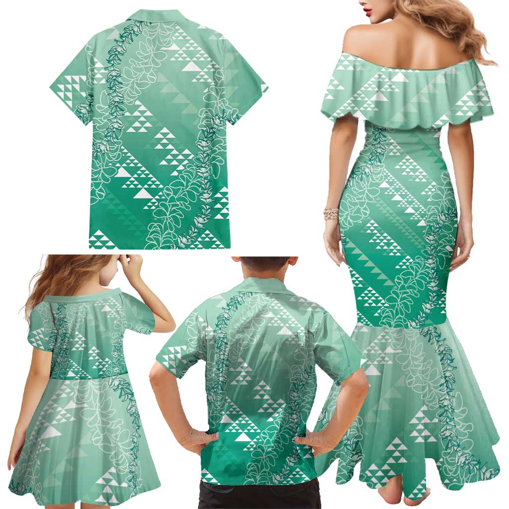 Hawaii Jade Green Kapa Family Matching Mermaid Dress and Hawaiian Shirt Vintage 'Ohe Kāpala Motifs Mix Plumeria Leis LT7 - Polynesian Pride