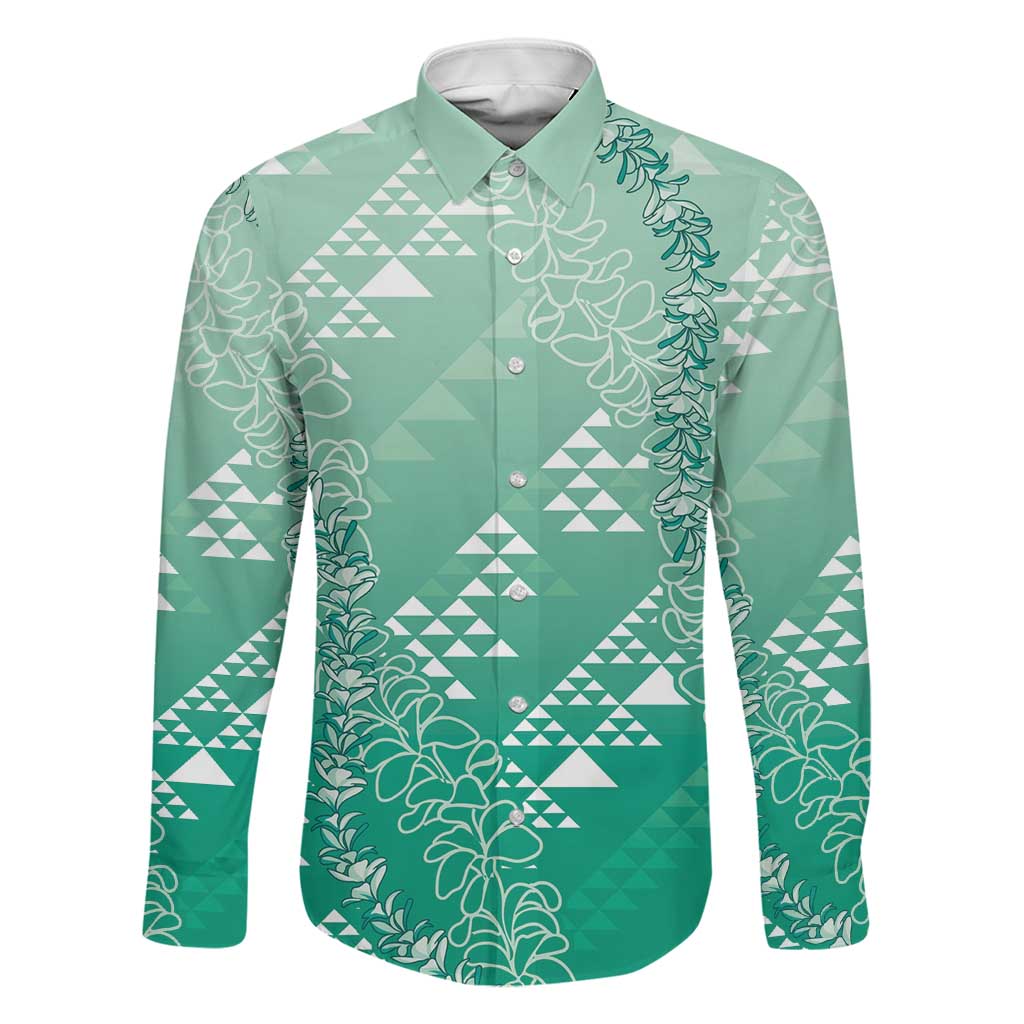Hawaii Jade Green Kapa Family Matching Mermaid Dress and Hawaiian Shirt Vintage 'Ohe Kāpala Motifs Mix Plumeria Leis LT7 Dad's Shirt - Long Sleeve Jade Green - Polynesian Pride