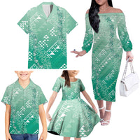 Hawaii Jade Green Kapa Family Matching Off The Shoulder Long Sleeve Dress and Hawaiian Shirt Vintage 'Ohe Kāpala Motifs Mix Plumeria Leis LT7 - Polynesian Pride
