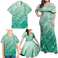 Hawaii Jade Green Kapa Family Matching Off Shoulder Maxi Dress and Hawaiian Shirt Vintage 'Ohe Kāpala Motifs Mix Plumeria Leis LT7 - Polynesian Pride