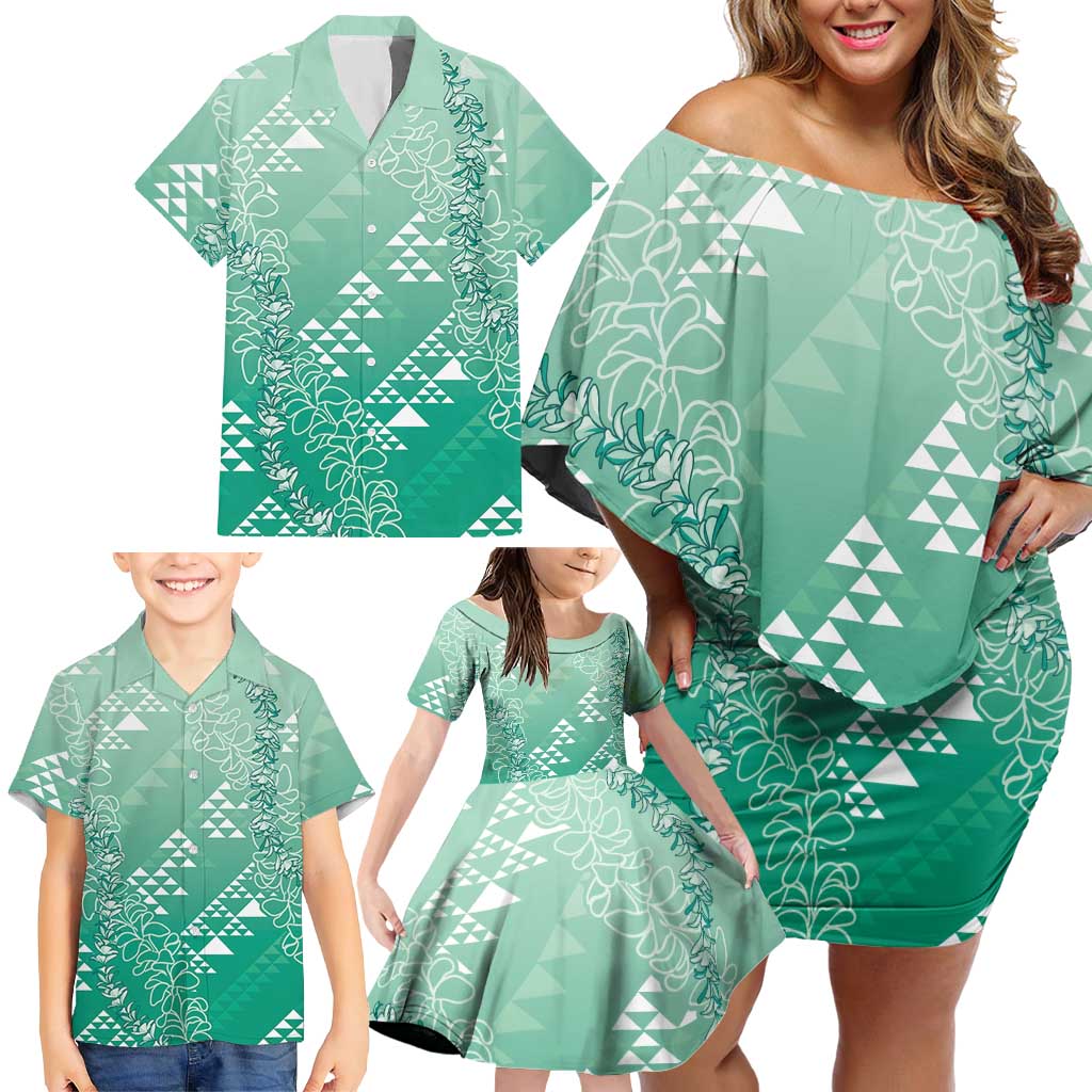 Hawaii Jade Green Kapa Family Matching Off Shoulder Short Dress and Hawaiian Shirt Vintage 'Ohe Kāpala Motifs Mix Plumeria Leis