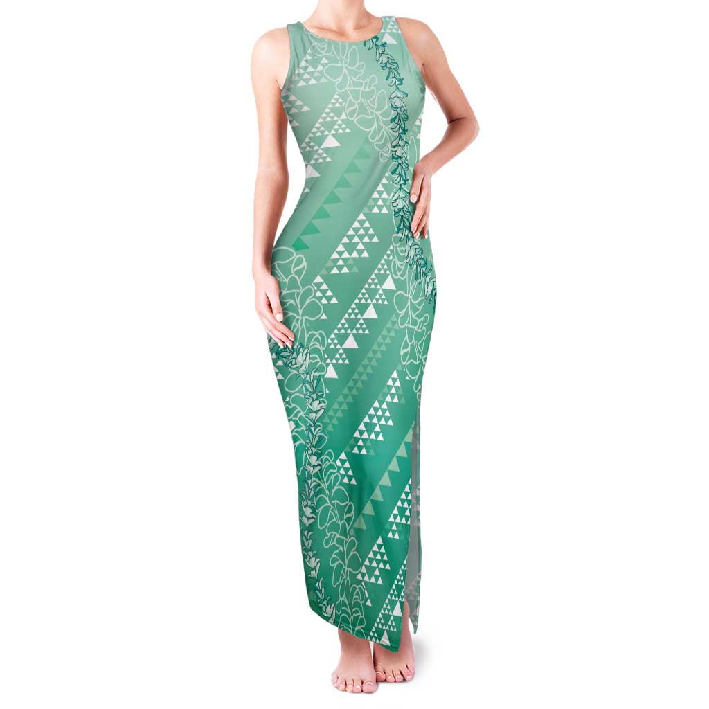 Hawaii Jade Green Kapa Family Matching Tank Maxi Dress and Hawaiian Shirt Vintage 'Ohe Kāpala Motifs Mix Plumeria Leis LT7 Mom's Dress Jade Green - Polynesian Pride