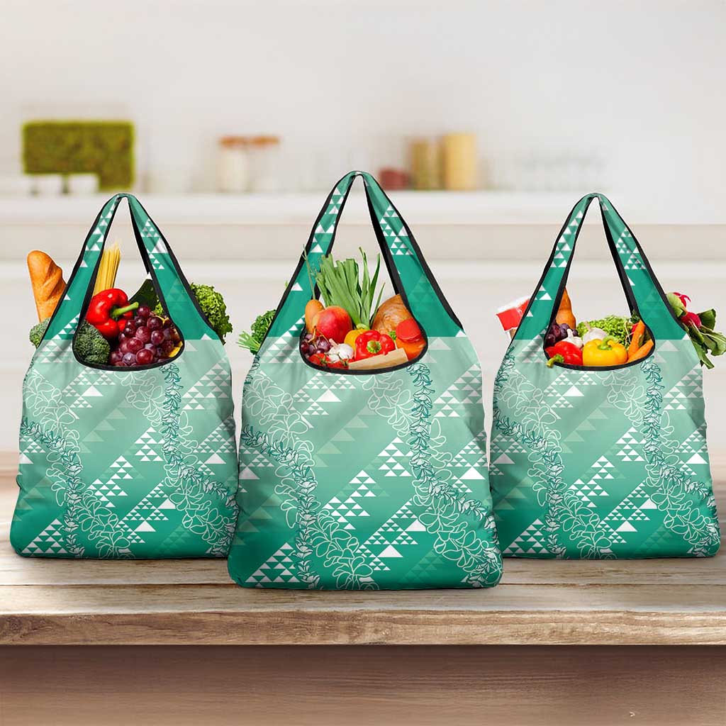 Hawaii Jade Green Kapa Grocery Bag Vintage 'Ohe Kāpala Motifs Mix Plumeria Leis