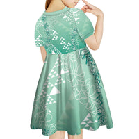 Hawaii Jade Green Kapa Kid Short Sleeve Dress Vintage 'Ohe Kāpala Motifs Mix Plumeria Leis LT7 - Polynesian Pride